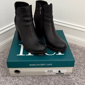 Inci Genuine Black Leather Block Heel Boots with Metallic Snakeskin Like Details